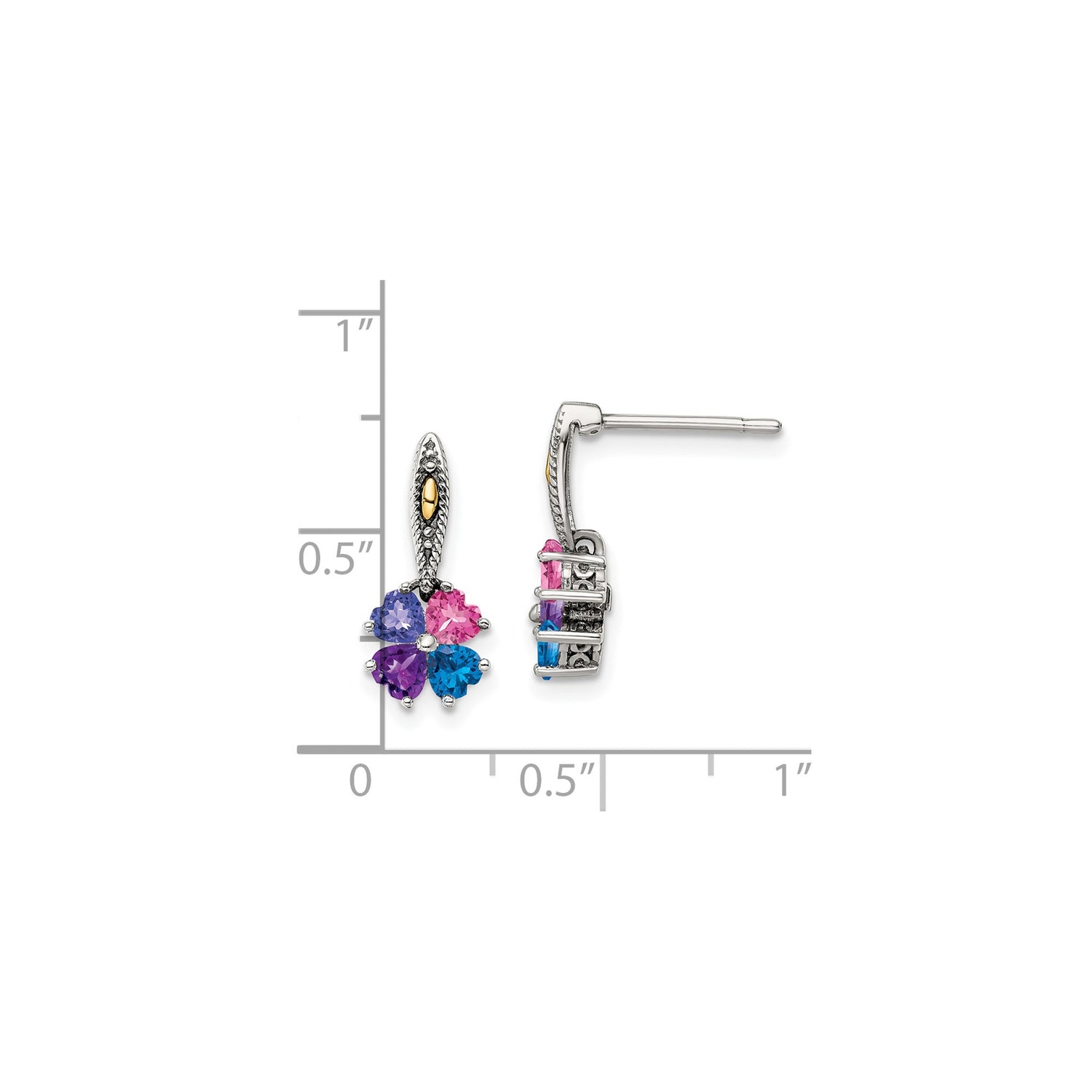 Sterling Silver Stud Earrings with Multicolor Heart Birthstones, Two-Tone Four-Leaf Clover Design