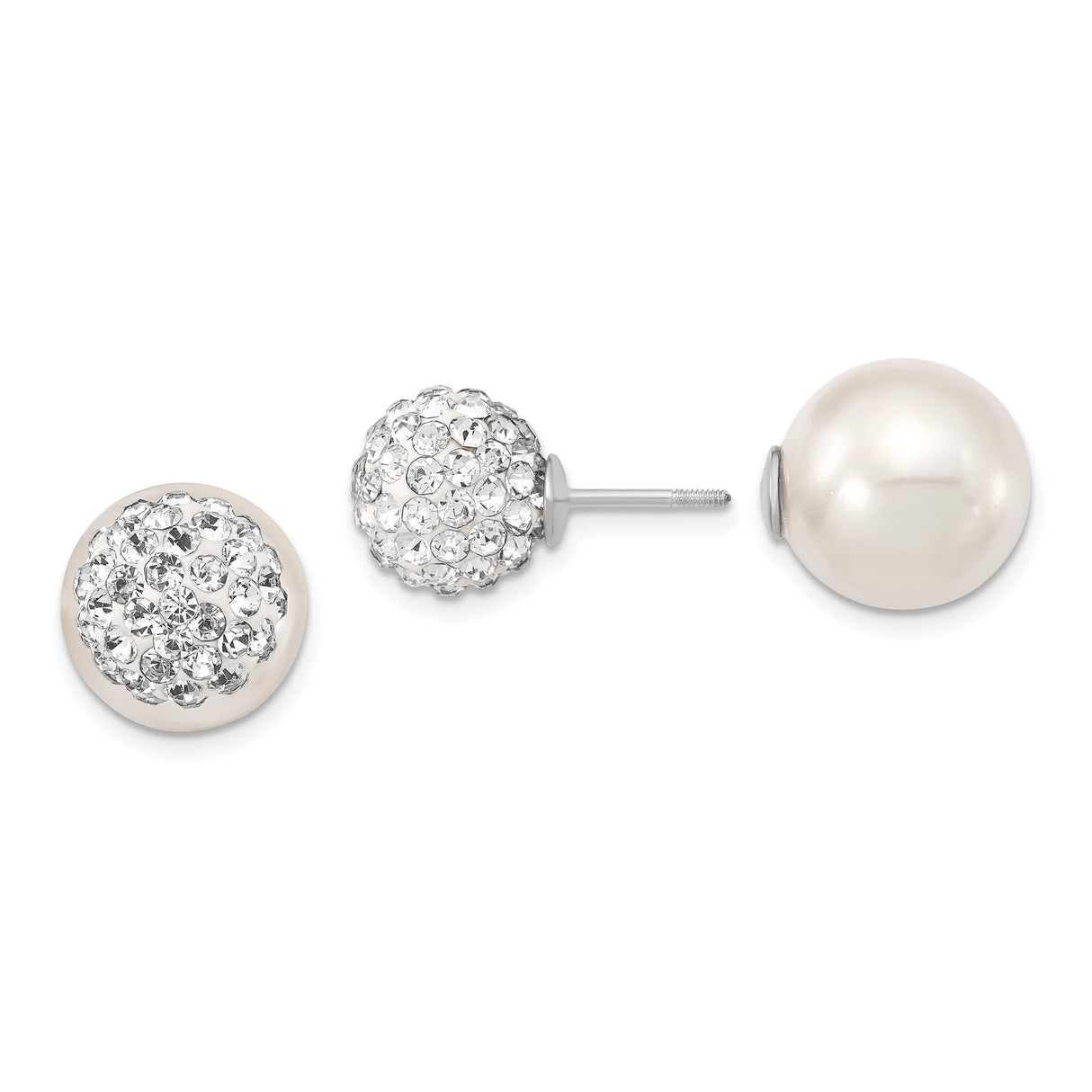 Sterling Silver Stud Earrings with Shell and Crystal, Reversible Faux Pearl Design for Women