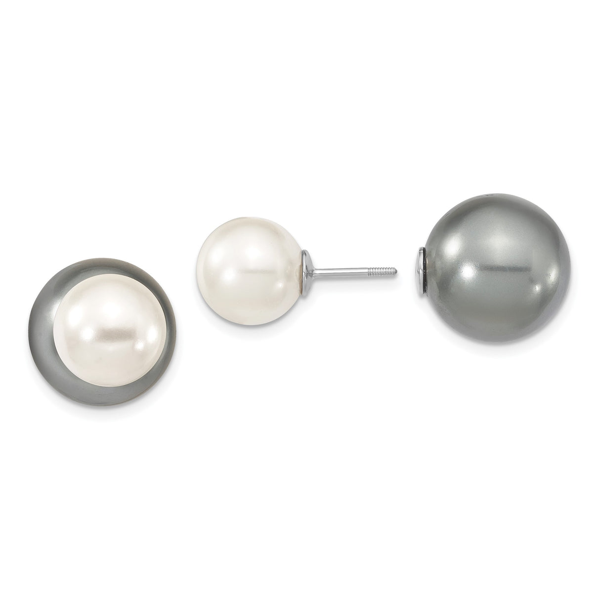 Sterling Silver Earrings with White Shell and Gray Shell Beads, Double Sided Studs for Women