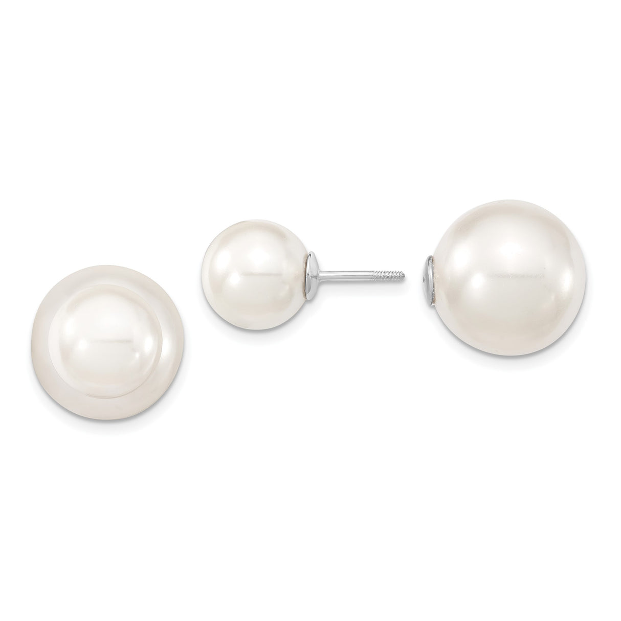Sterling Silver Stud Earrings with Round White Shell Pearls, Classic Polished Finish