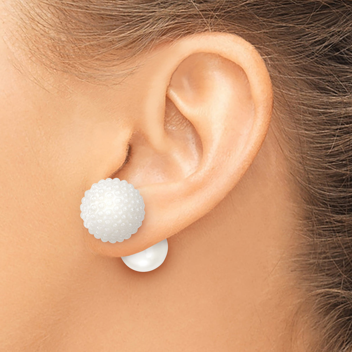 Sterling Silver Pearl Stud Earrings with Double Sided Smooth and Pavé Beaded Design