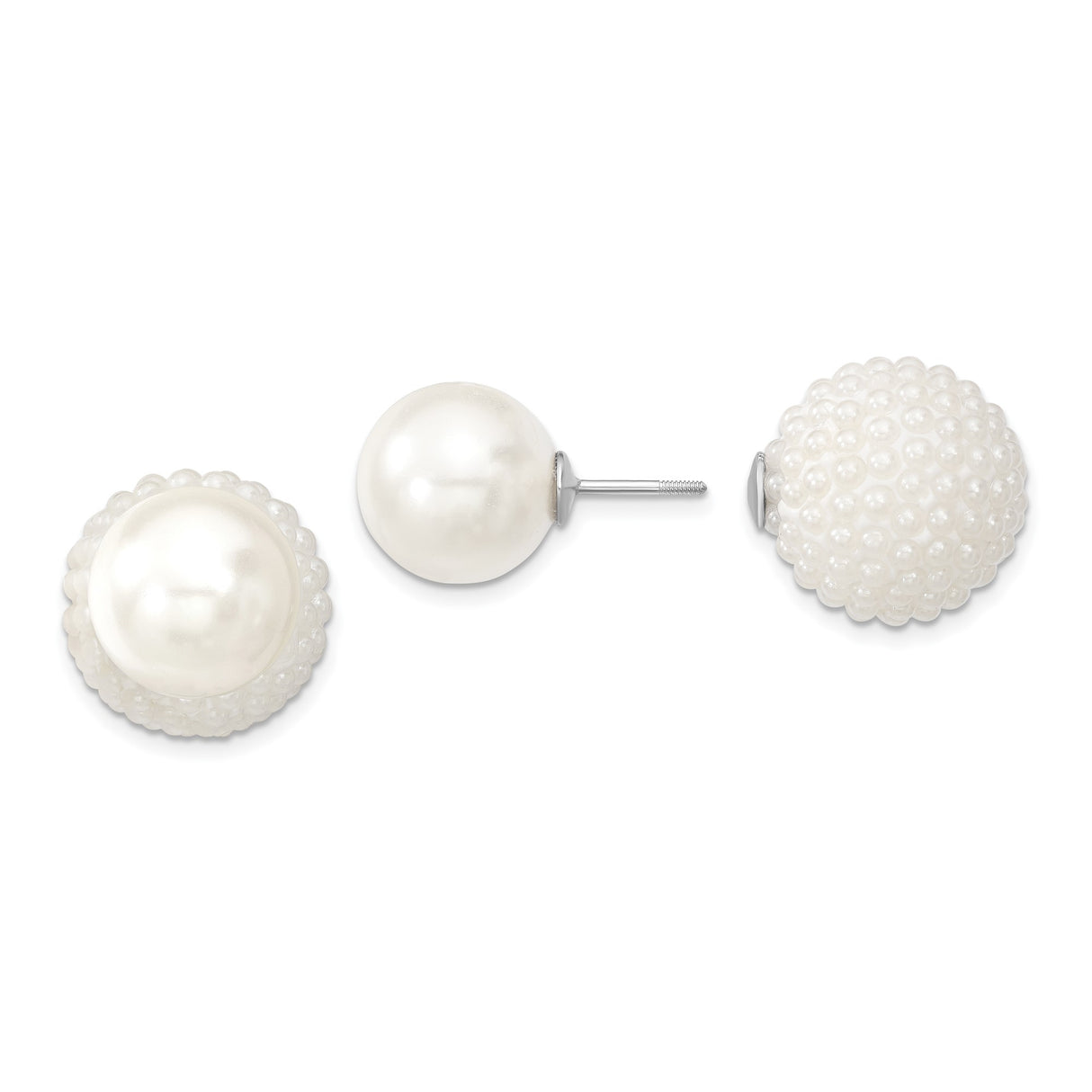 Sterling Silver Pearl Stud Earrings with Double Sided Smooth and Pavé Beaded Design