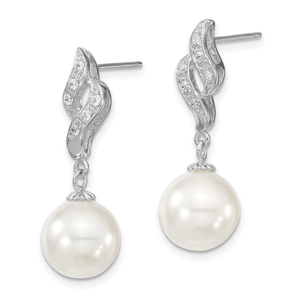 Sterling Silver Dangle Earrings with White Shell Drops and Cubic Zirconia Swirl Design