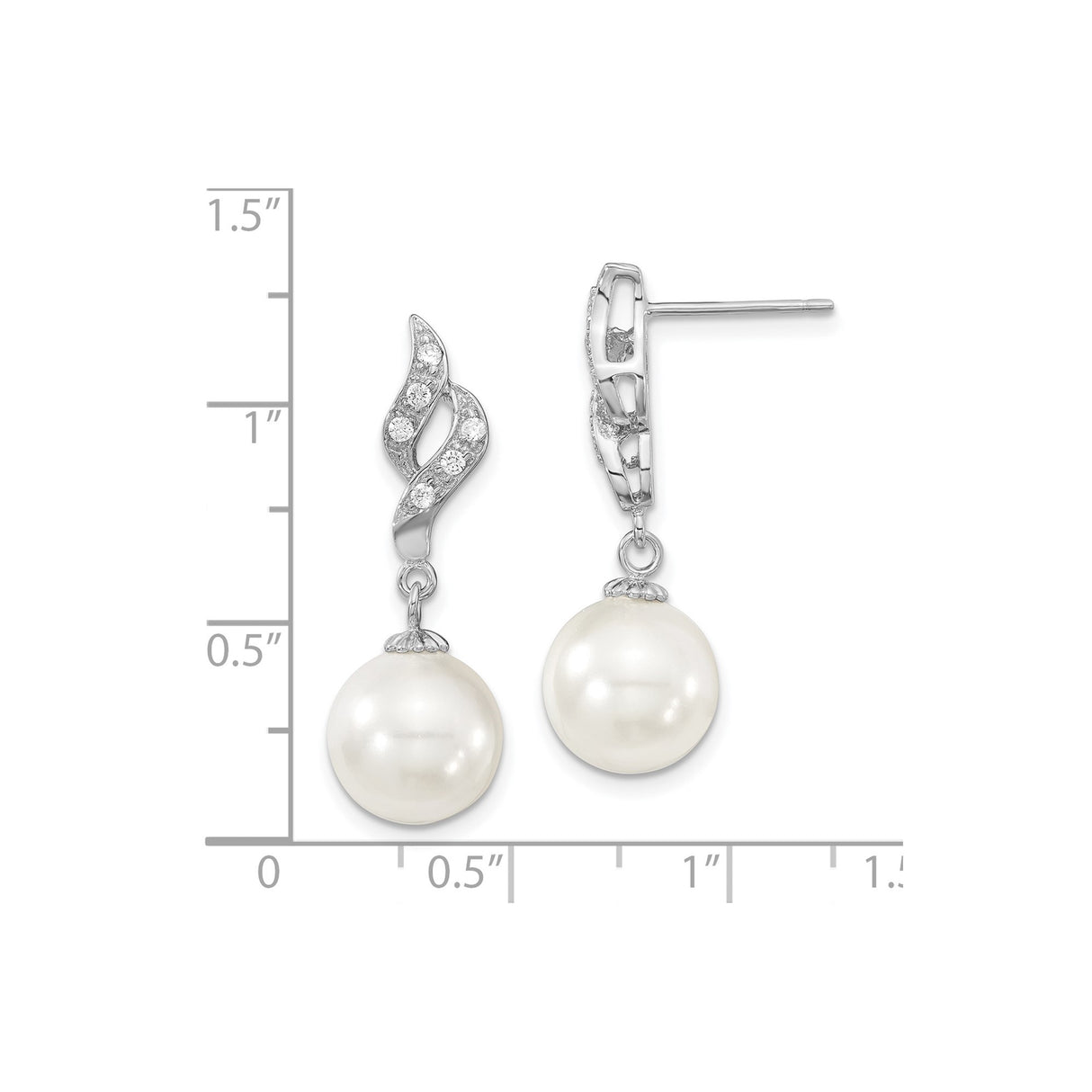 Sterling Silver Dangle Earrings with White Shell Drops and Cubic Zirconia Swirl Design