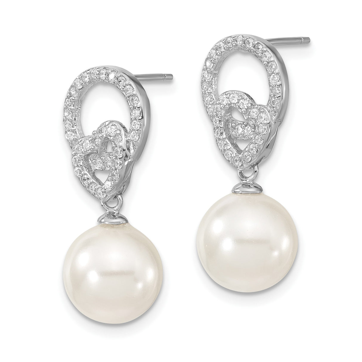 Sterling Silver Dangle Earrings with Shell, Cubic Zirconia, and Open Heart Circle Design