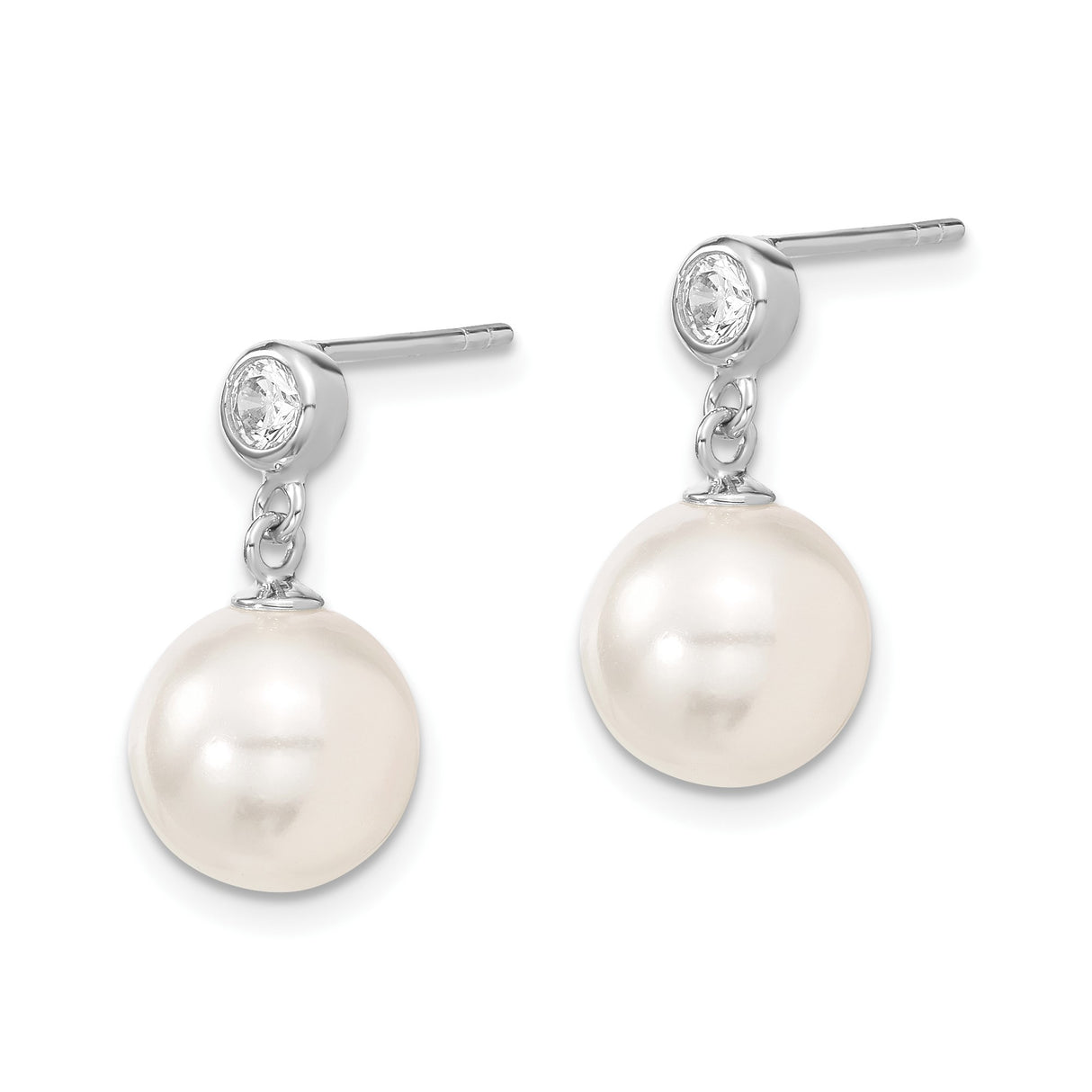 Sterling Silver Drop Earrings with White Shell Pearls and Cubic Zirconia Studs