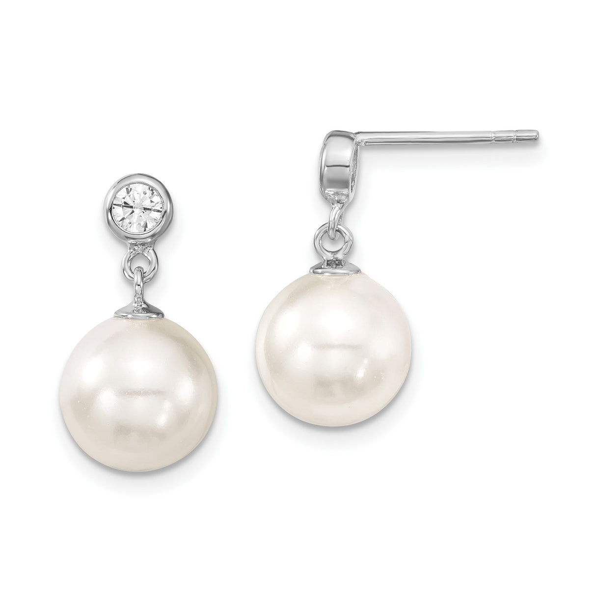 Sterling Silver Drop Earrings with White Shell Pearls and Cubic Zirconia Studs