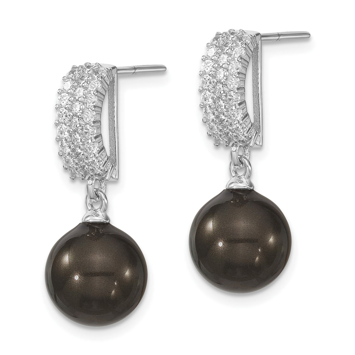 Sterling Silver Dangle Earrings with Black Shell and Cubic Zirconia, Modern Bar Drop Design