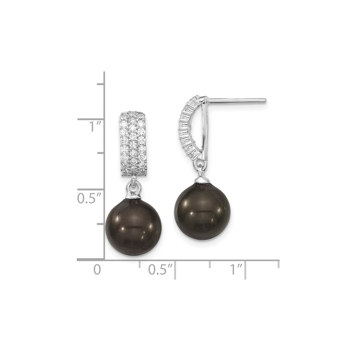 Sterling Silver Dangle Earrings with Black Shell and Cubic Zirconia, Modern Bar Drop Design