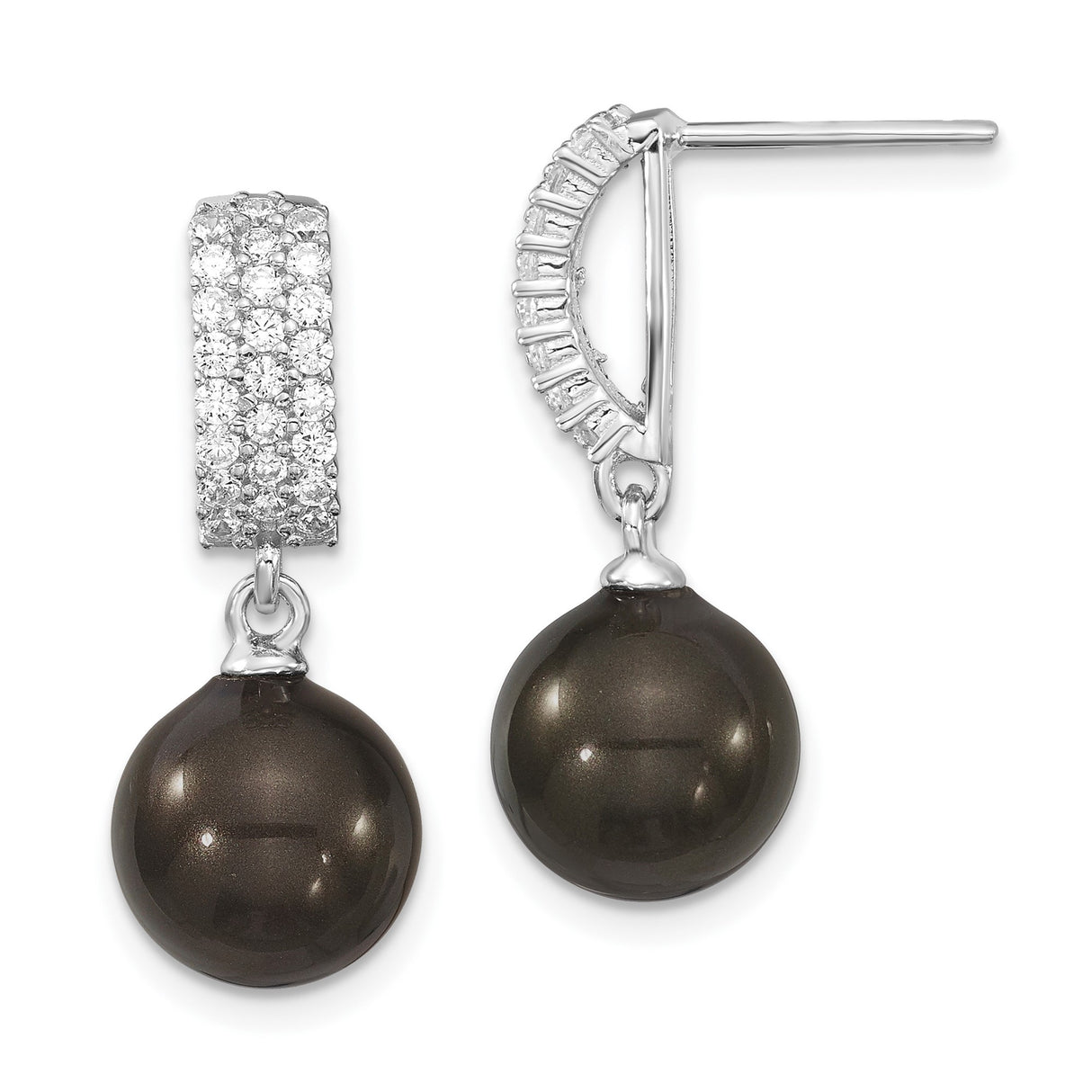 Sterling Silver Dangle Earrings with Black Shell and Cubic Zirconia, Modern Bar Drop Design