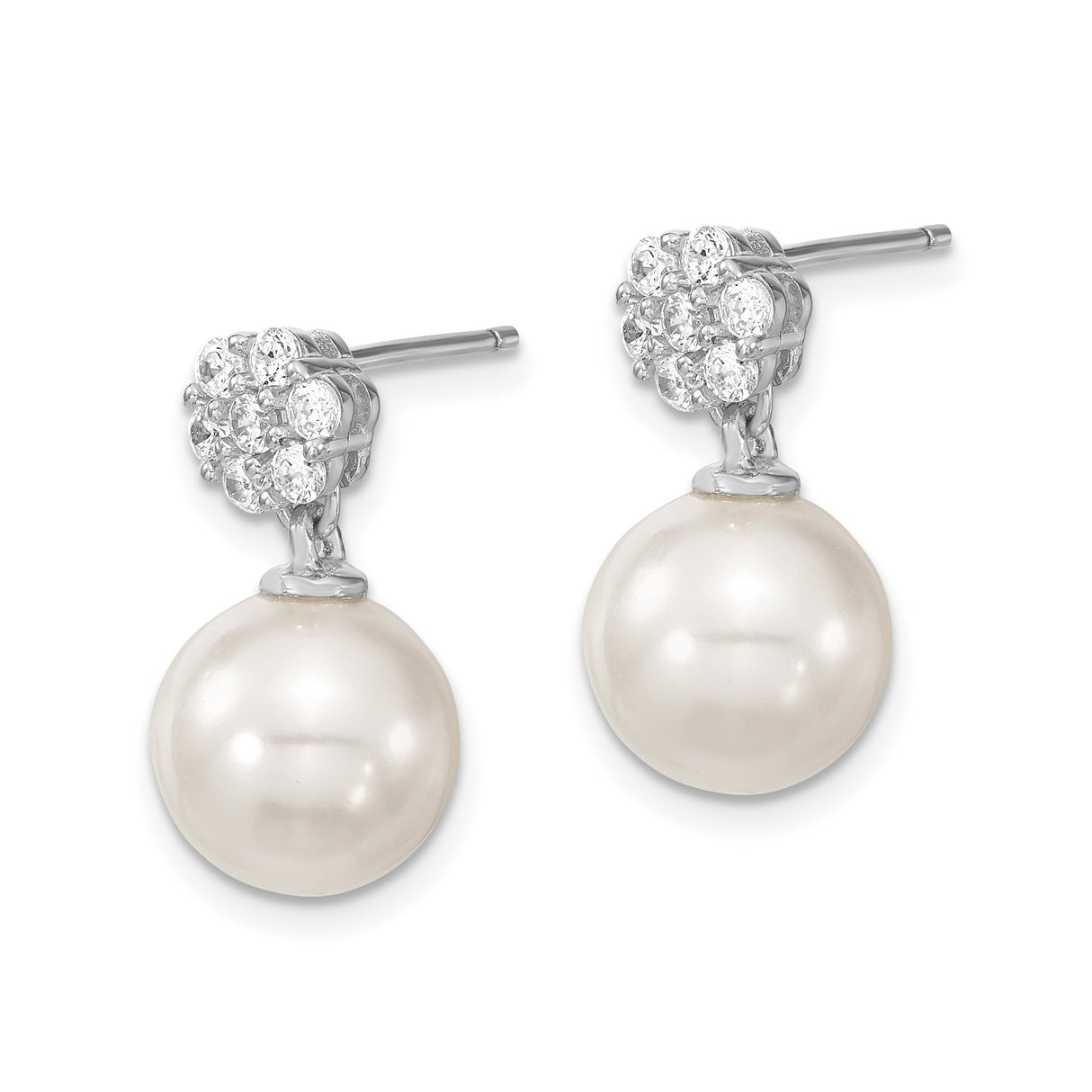 Sterling Silver Drop Earrings with White Shell Pearls and Cubic Zirconia Cluster