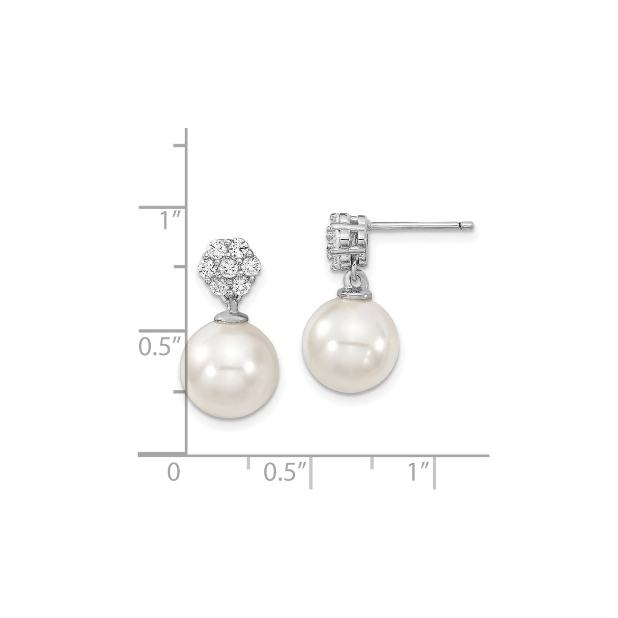 Sterling Silver Drop Earrings with White Shell Pearls and Cubic Zirconia Cluster