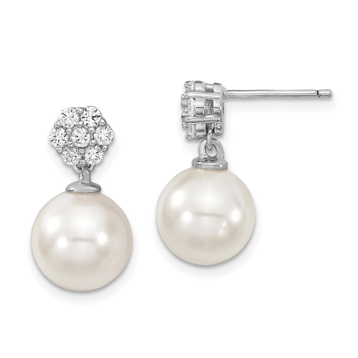 Sterling Silver Drop Earrings with White Shell Pearls and Cubic Zirconia Cluster