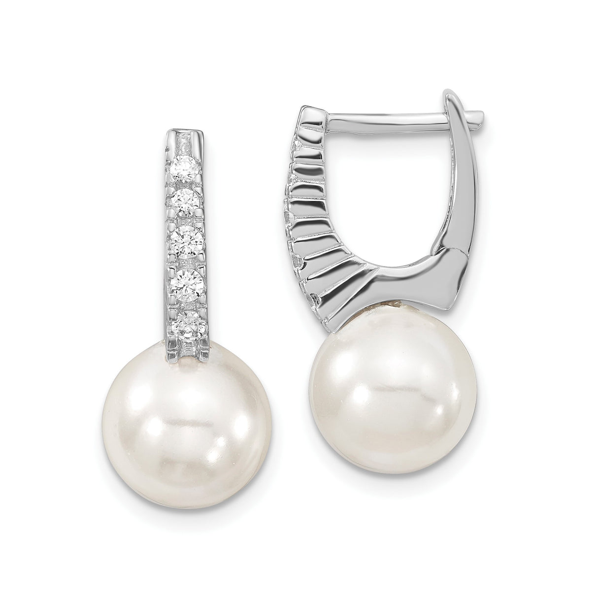 Sterling Silver Drop Earrings with White Pearls and Cubic Zirconia Accents