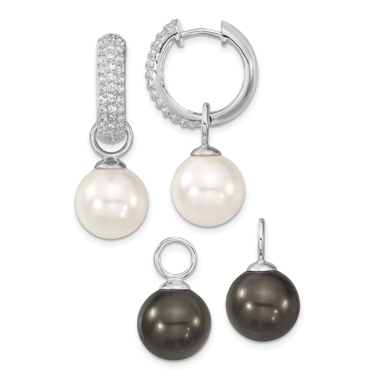 Sterling Silver Dangle Hoop Earrings with Cubic Zirconia and Shell Bead Charms
