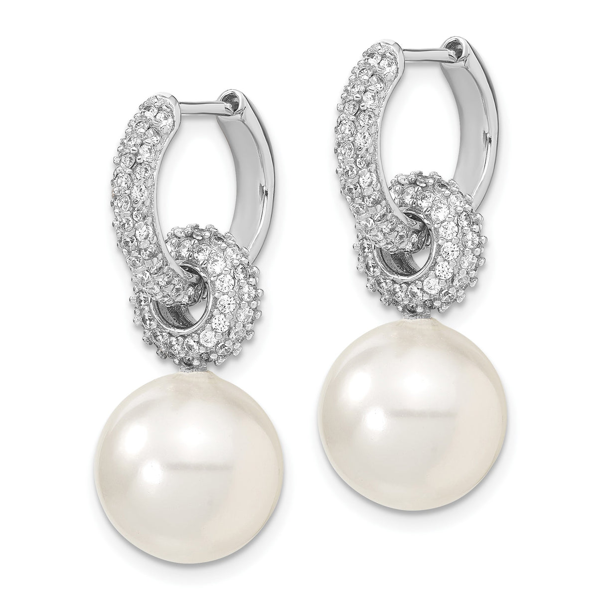 Sterling Silver Drop Earrings with White Shell Pearls and Cubic Zirconia Accents