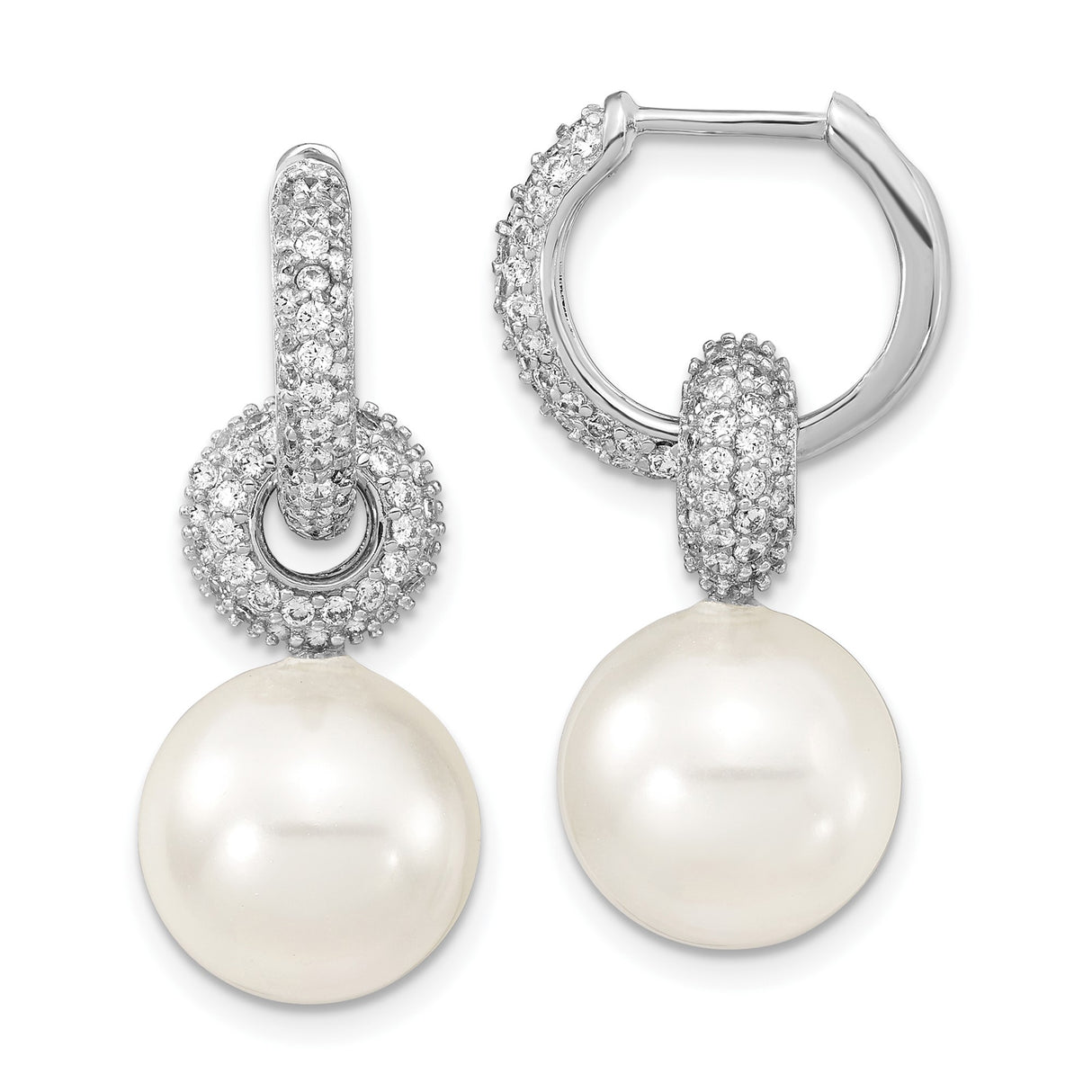 Sterling Silver Drop Earrings with White Shell Pearls and Cubic Zirconia Accents