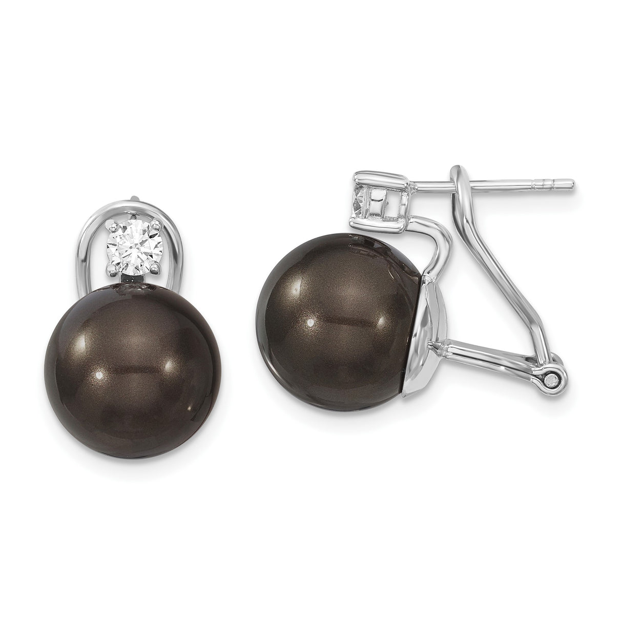 Sterling Silver Dangle Earrings with Black Pearls and Cubic Zirconia Accents, Drop Design