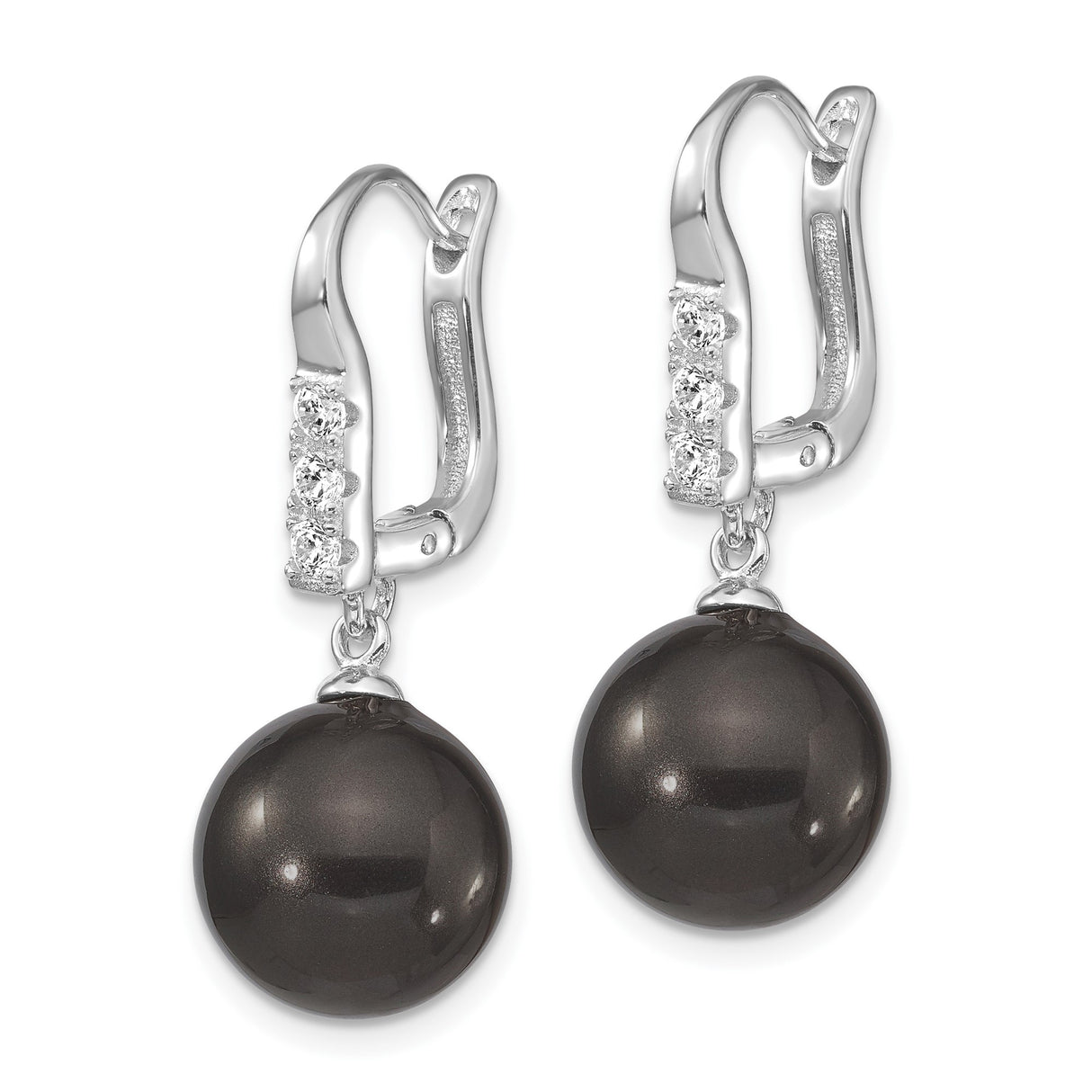 Sterling Silver Dangle Earrings with Black Simulated Pearls and Cubic Zirconia Leverbacks