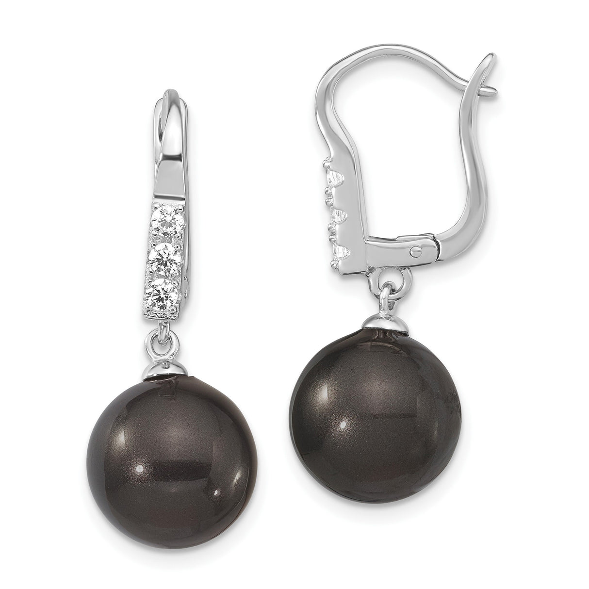 Sterling Silver Dangle Earrings with Black Simulated Pearls and Cubic Zirconia Leverbacks