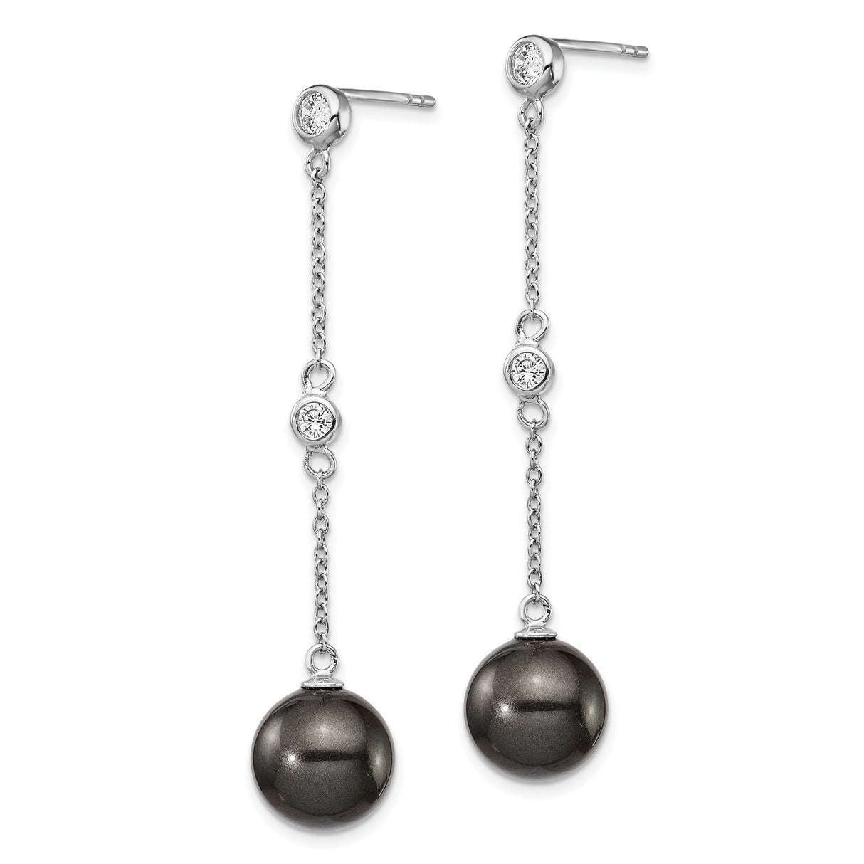 Sterling Silver Drop Earrings with Glossy Black Shell and Cubic Zirconia Chain Design