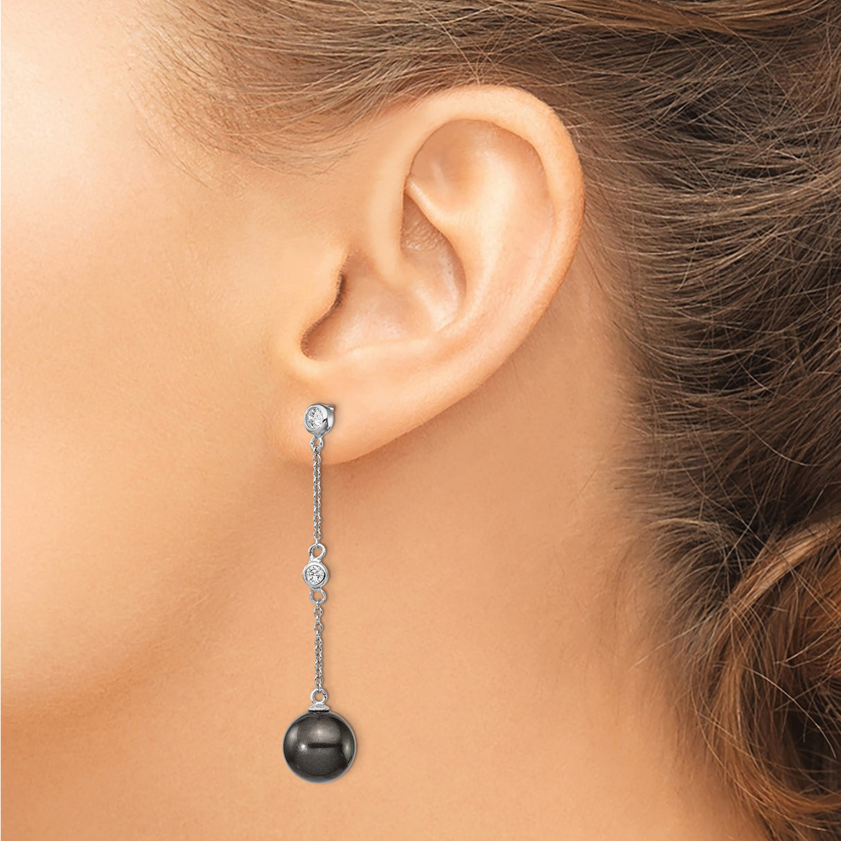 Sterling Silver Drop Earrings with Glossy Black Shell and Cubic Zirconia Chain Design