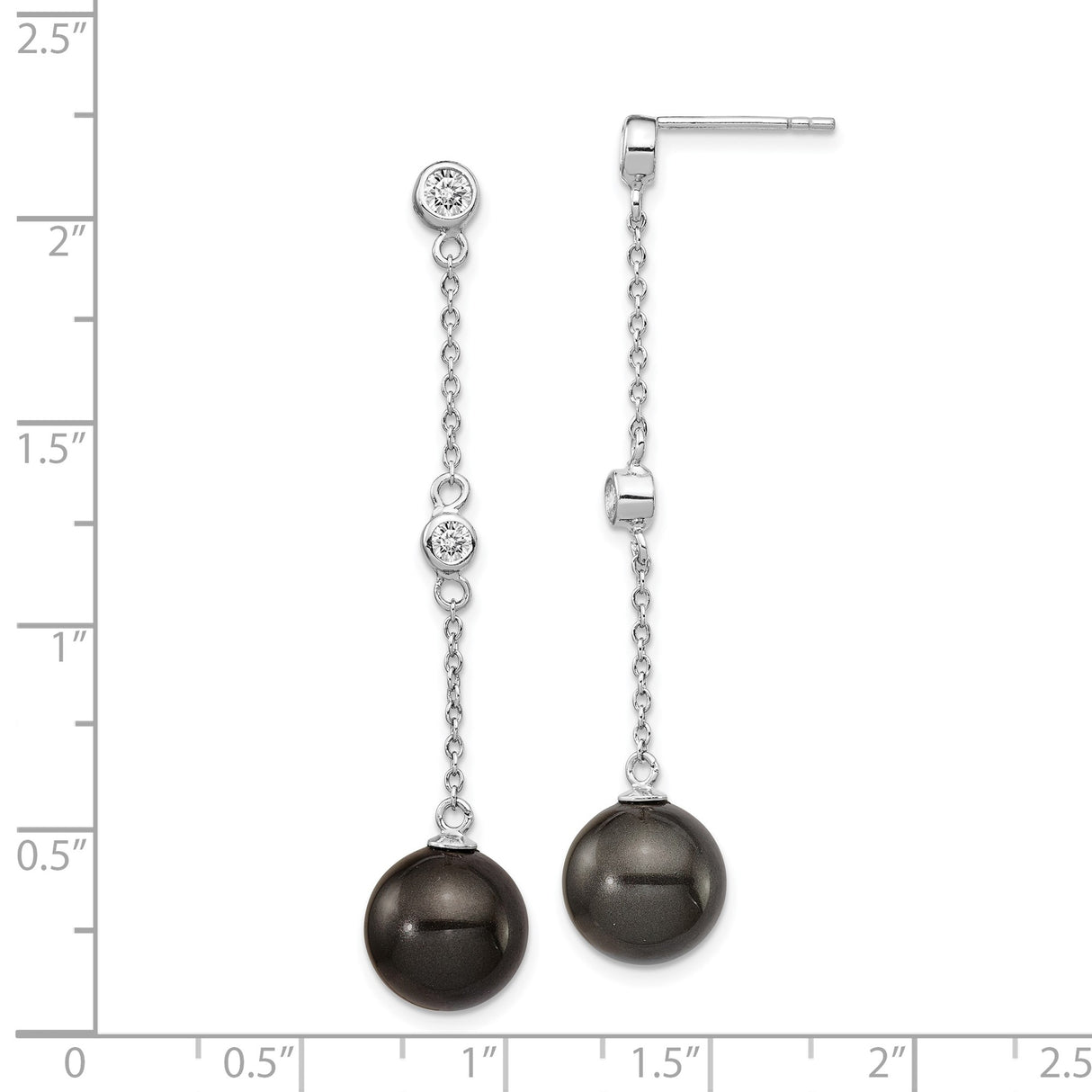Sterling Silver Drop Earrings with Glossy Black Shell and Cubic Zirconia Chain Design