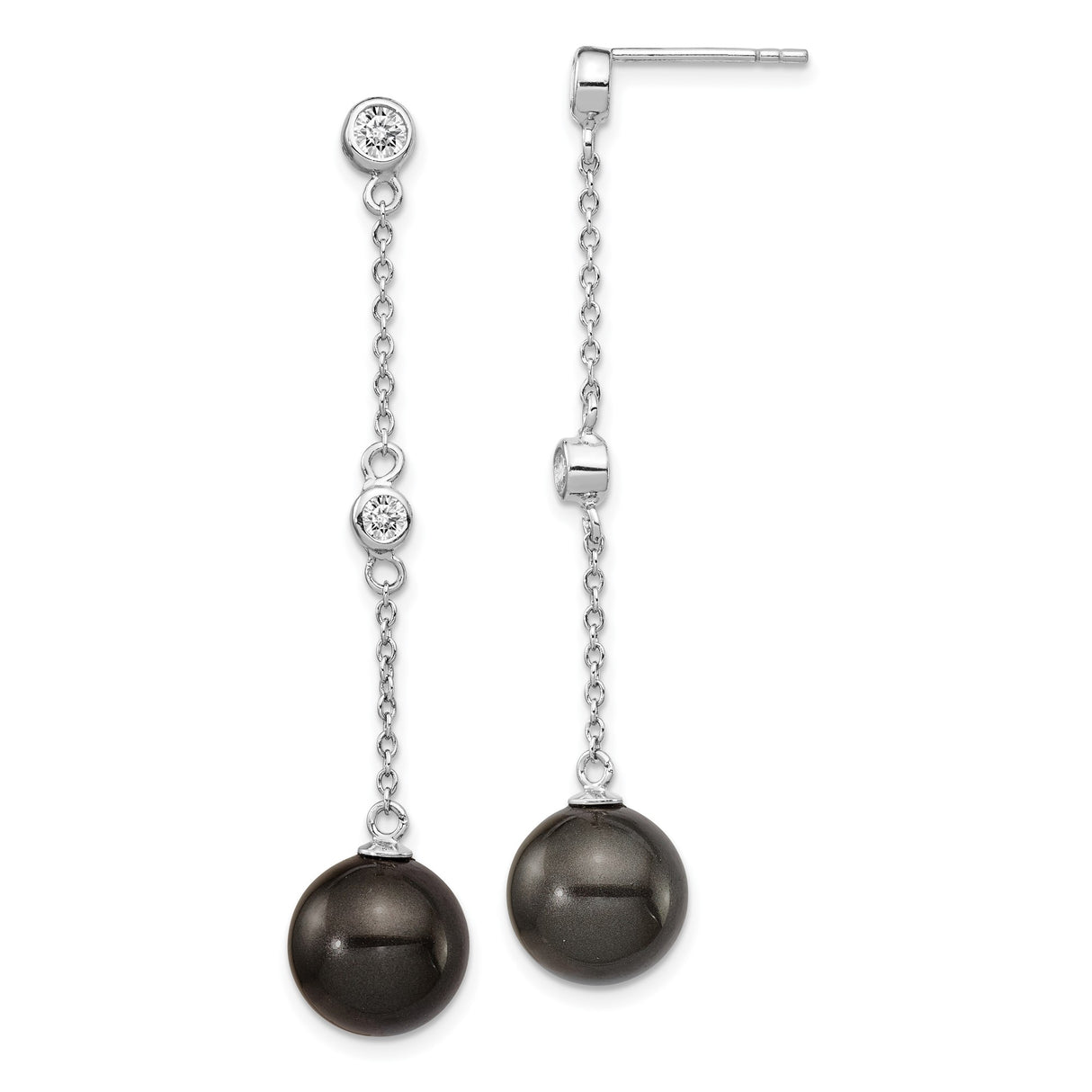 Sterling Silver Drop Earrings with Glossy Black Shell and Cubic Zirconia Chain Design