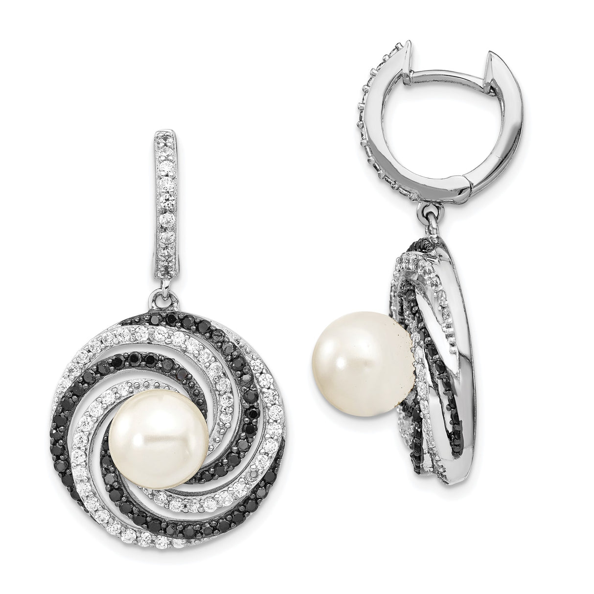 Sterling Silver Drop Earrings with Shell Center and Cubic Zirconia, Swirl Design, Bridal Jewelry