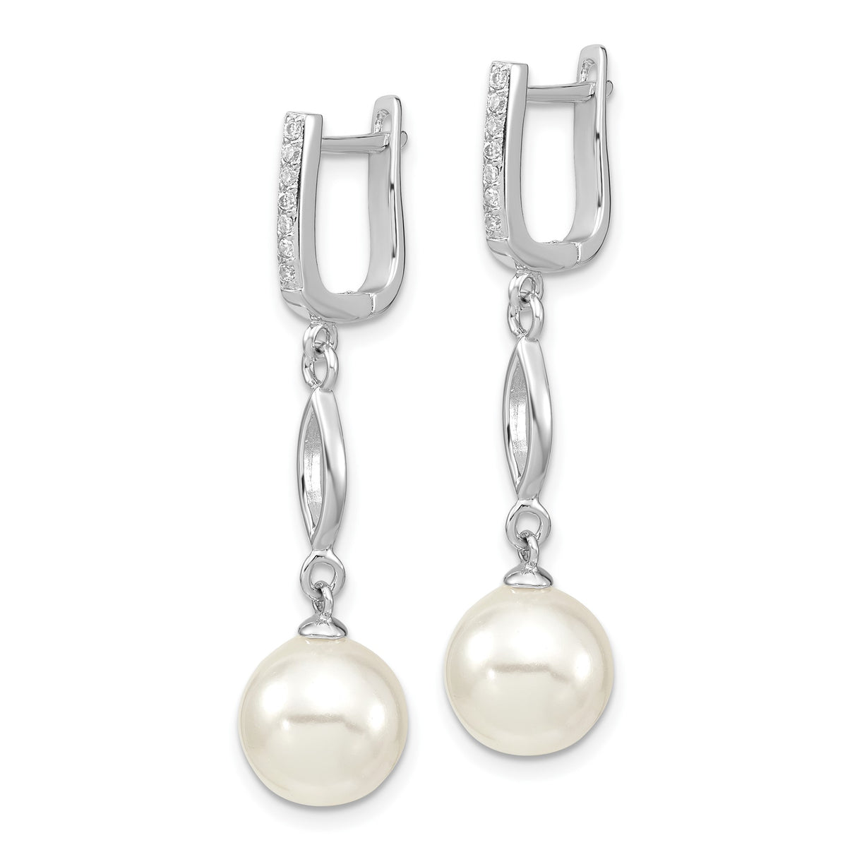 Sterling Silver Dangle Earrings with White Pearls and Cubic Zirconia, Marquise Drop Design
