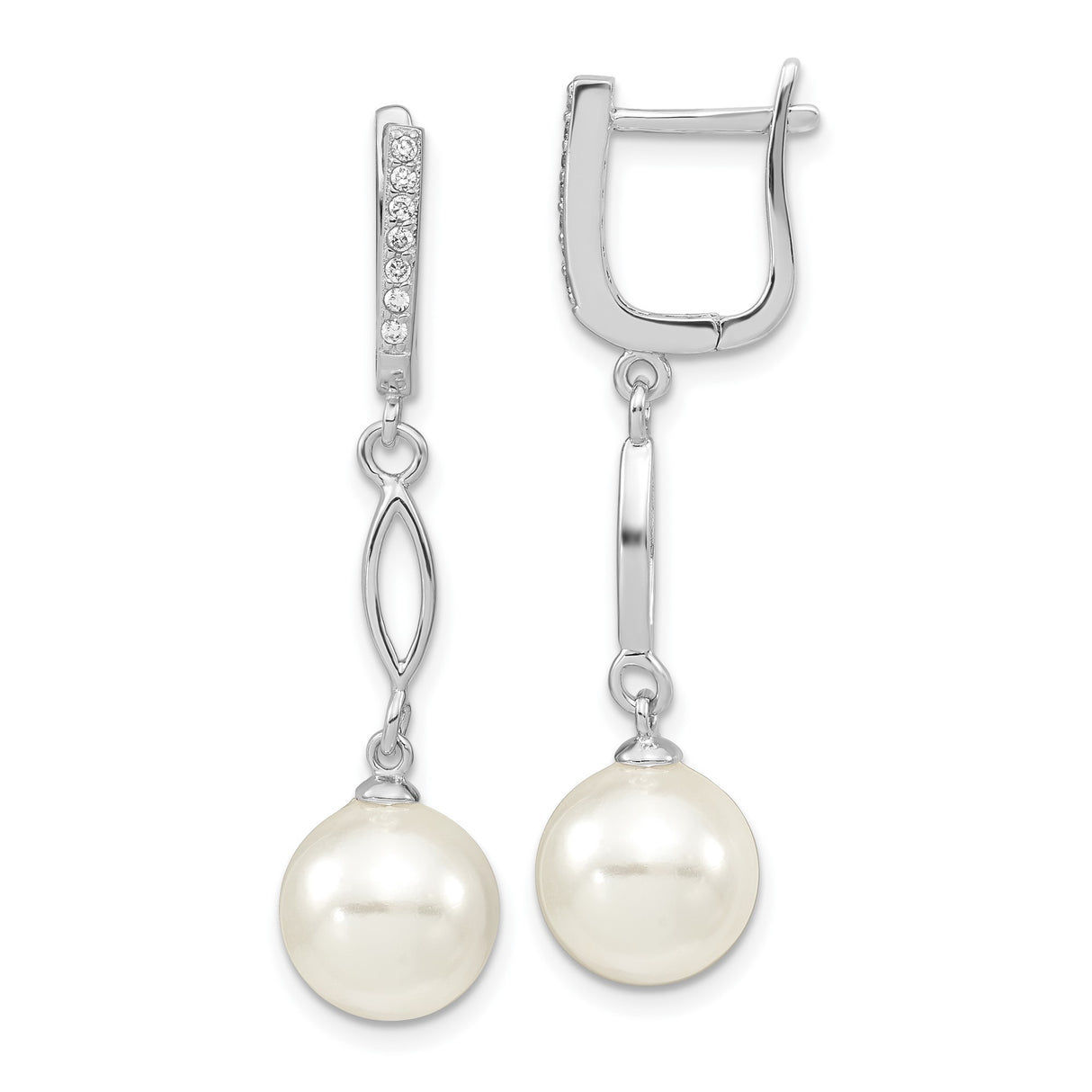 Sterling Silver Dangle Earrings with White Pearls and Cubic Zirconia, Marquise Drop Design