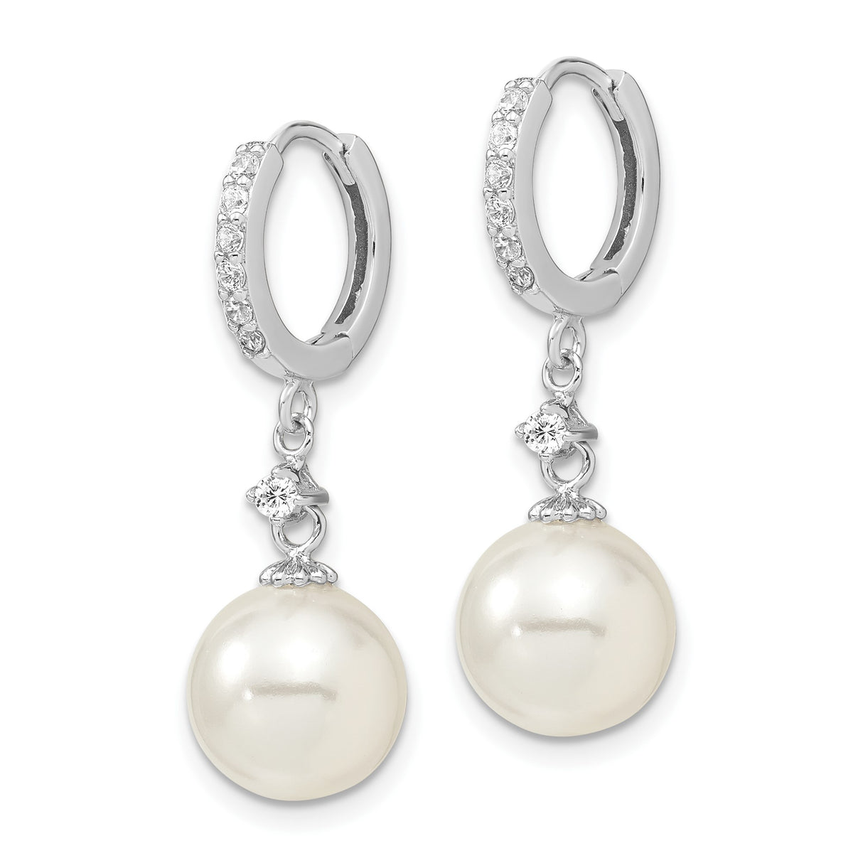 Sterling Silver Drop Earrings with White Shell Pearls and Cubic Zirconia Accents