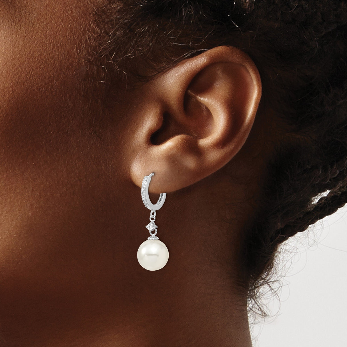 Sterling Silver Drop Earrings with White Shell Pearls and Cubic Zirconia Accents