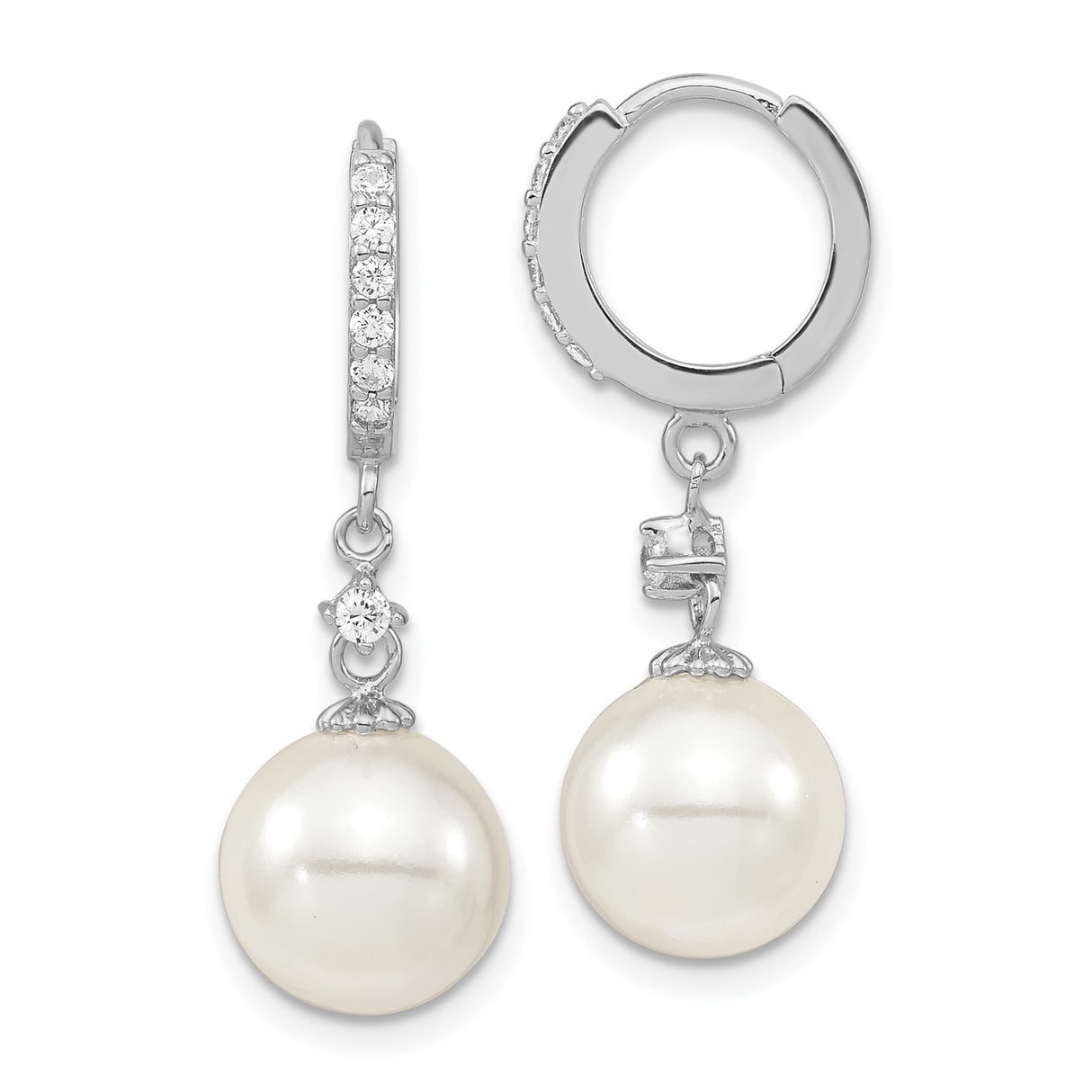 Sterling Silver Drop Earrings with White Shell Pearls and Cubic Zirconia Accents