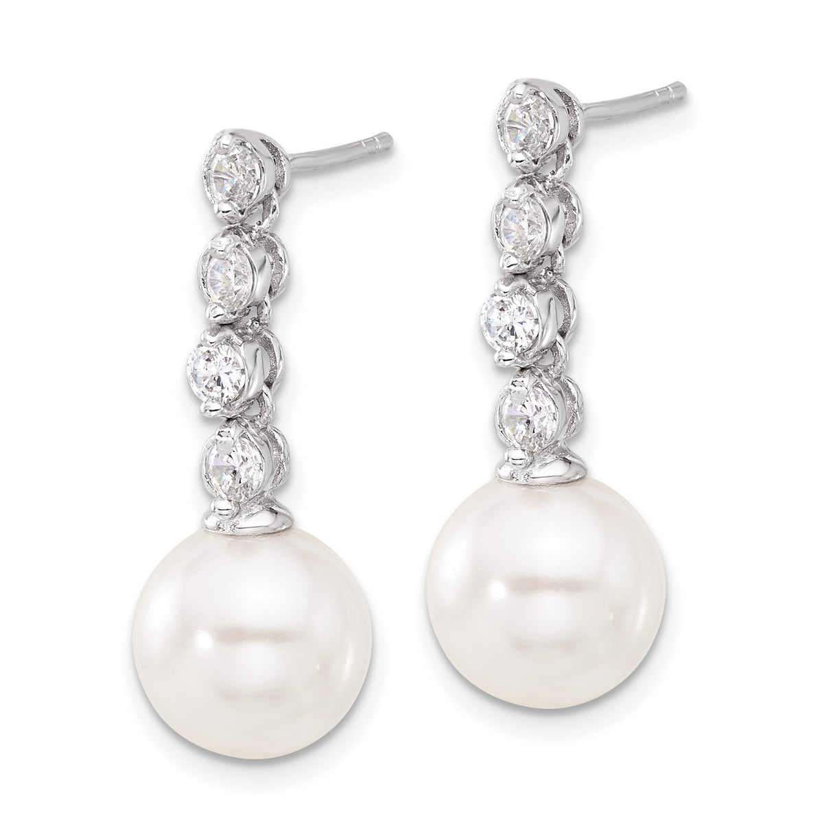 Sterling Silver Drop Earrings with White Round Shell Pearls and Cubic Zirconia Row