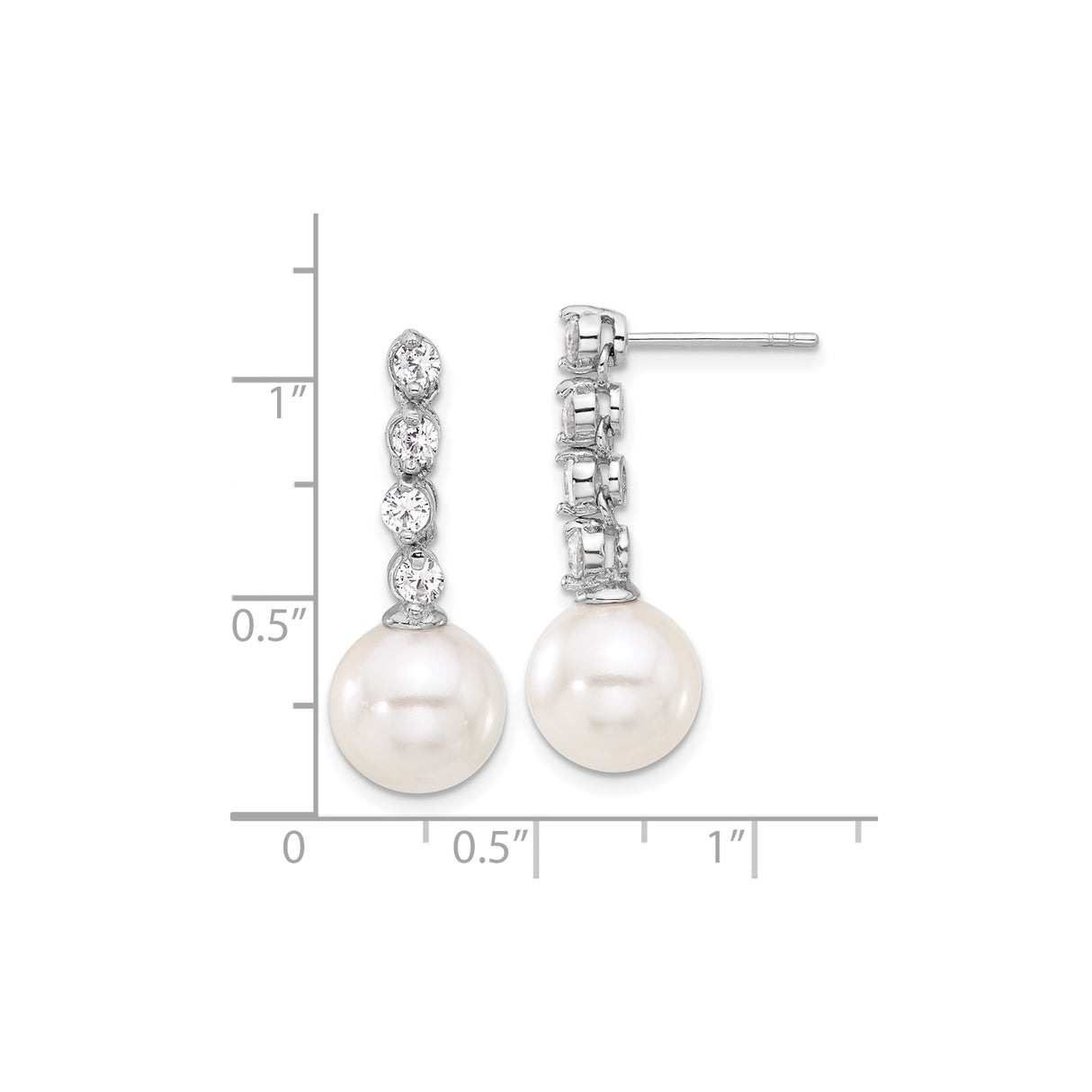 Sterling Silver Drop Earrings with White Round Shell Pearls and Cubic Zirconia Row