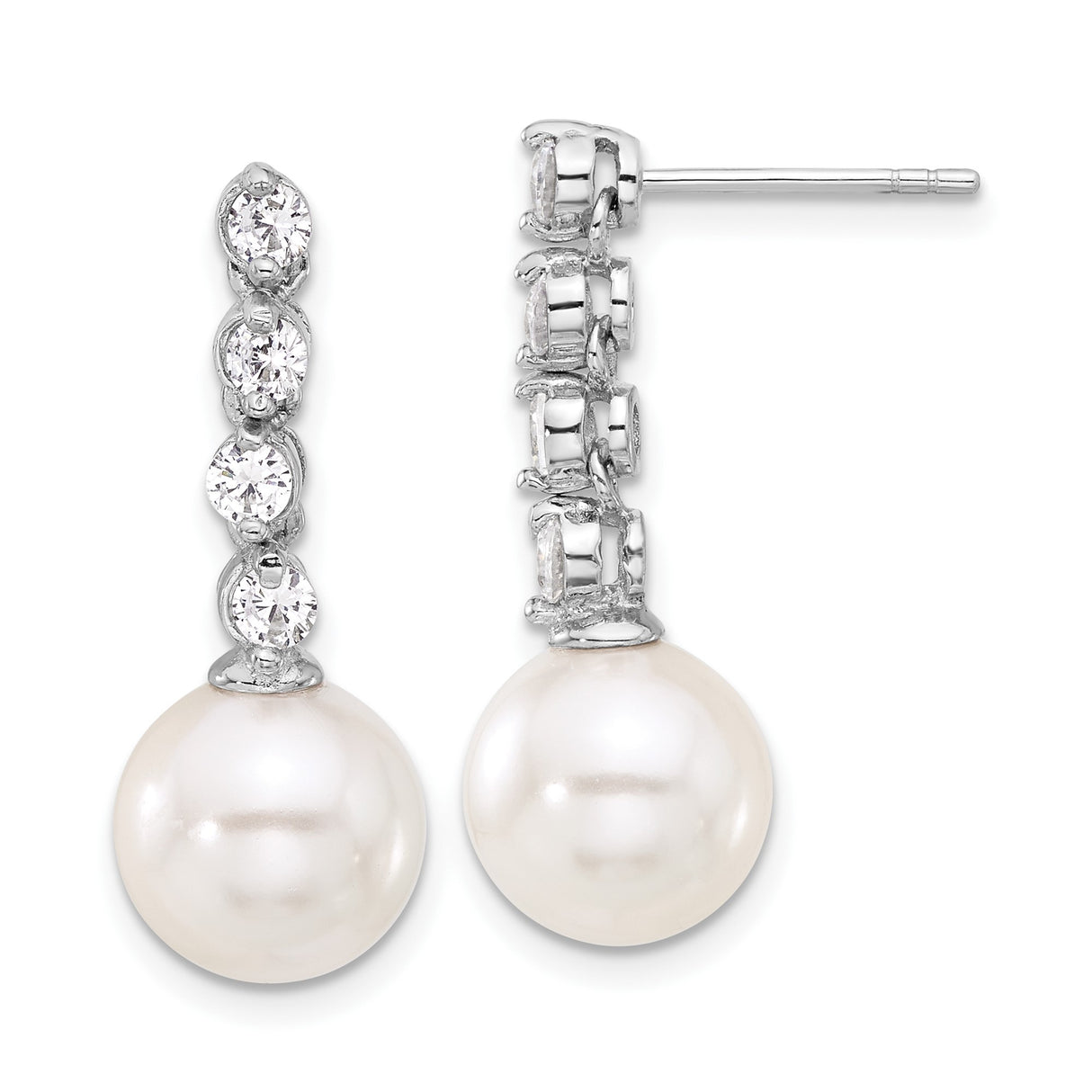 Sterling Silver Drop Earrings with White Round Shell Pearls and Cubic Zirconia Row