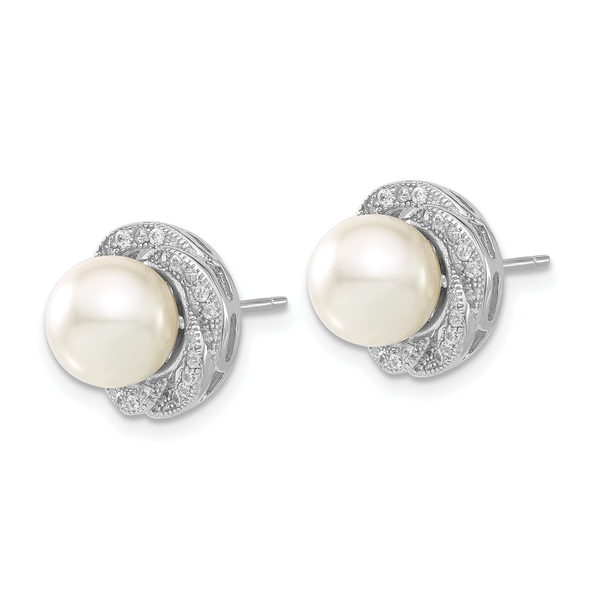 Sterling Silver Stud Earrings with White Shell Pearls and Halo Cubic Zirconia Accents