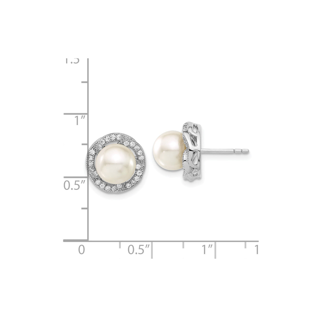 Sterling Silver Stud Earrings with White Shell Pearls and Halo Cubic Zirconia Accents