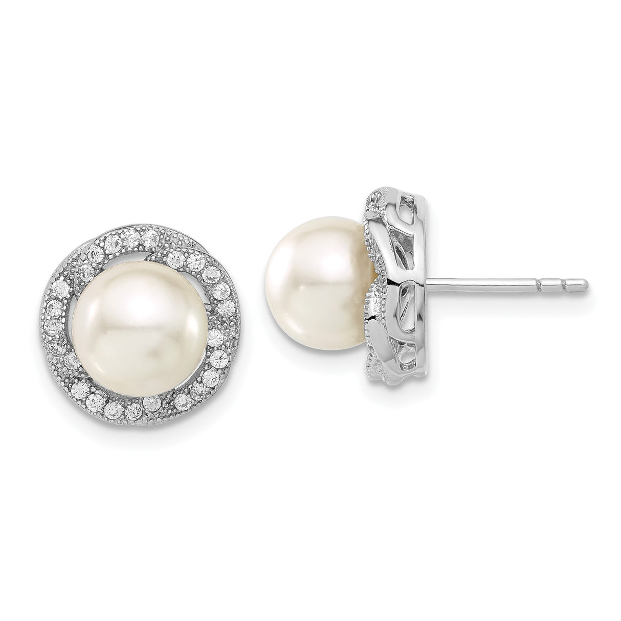 Sterling Silver Stud Earrings with White Shell Pearls and Halo Cubic Zirconia Accents
