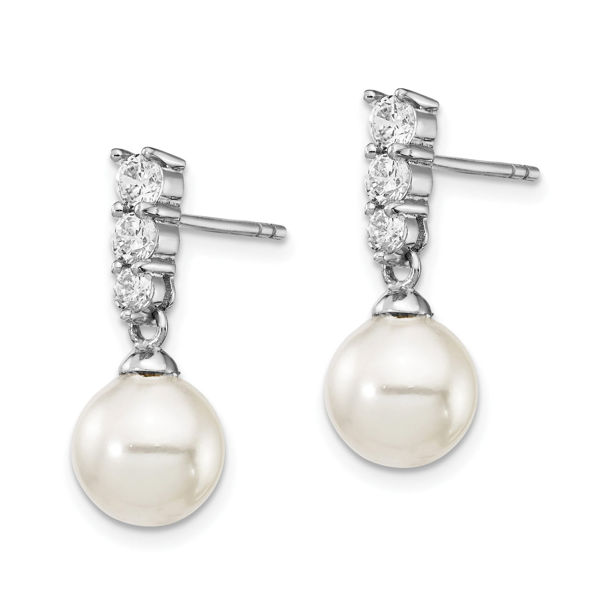 Sterling Silver Dangle Earrings with White Pearl Drop and Cubic Zirconia Accents