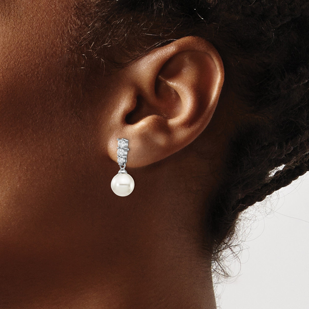 Sterling Silver Dangle Earrings with White Pearl Drop and Cubic Zirconia Accents