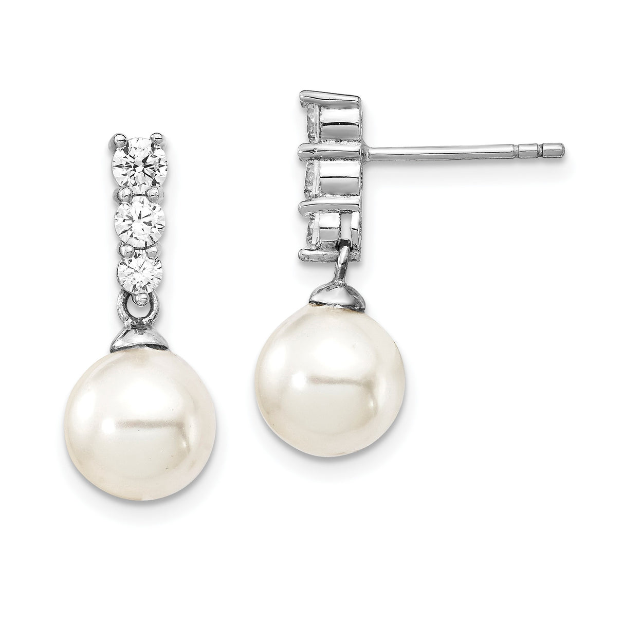 Sterling Silver Dangle Earrings with White Pearl Drop and Cubic Zirconia Accents