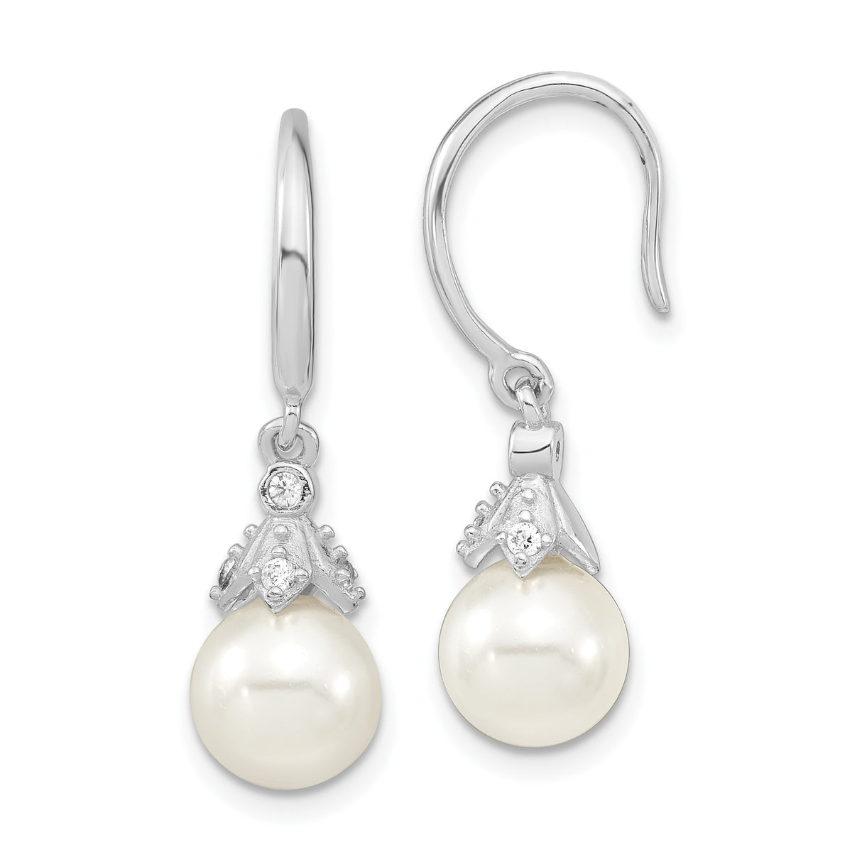 Sterling Silver Drop Earrings with White Shell Pearls and Cubic Zirconia Accents