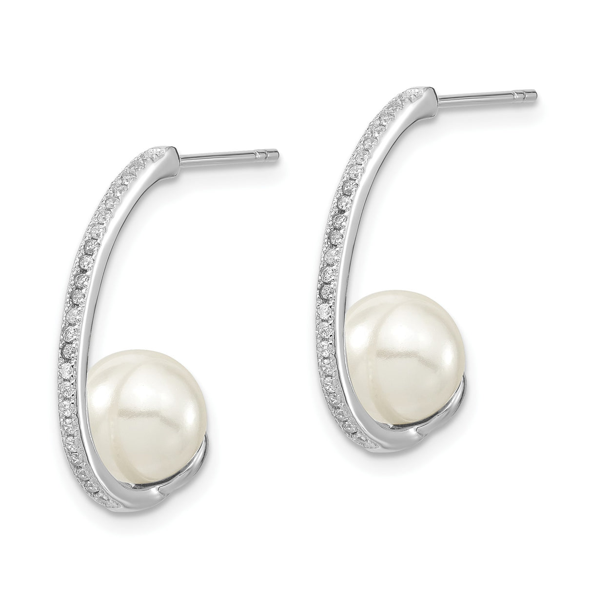 Sterling Silver Drop Earrings with White Shell and Cubic Zirconia, Modern Curved Design