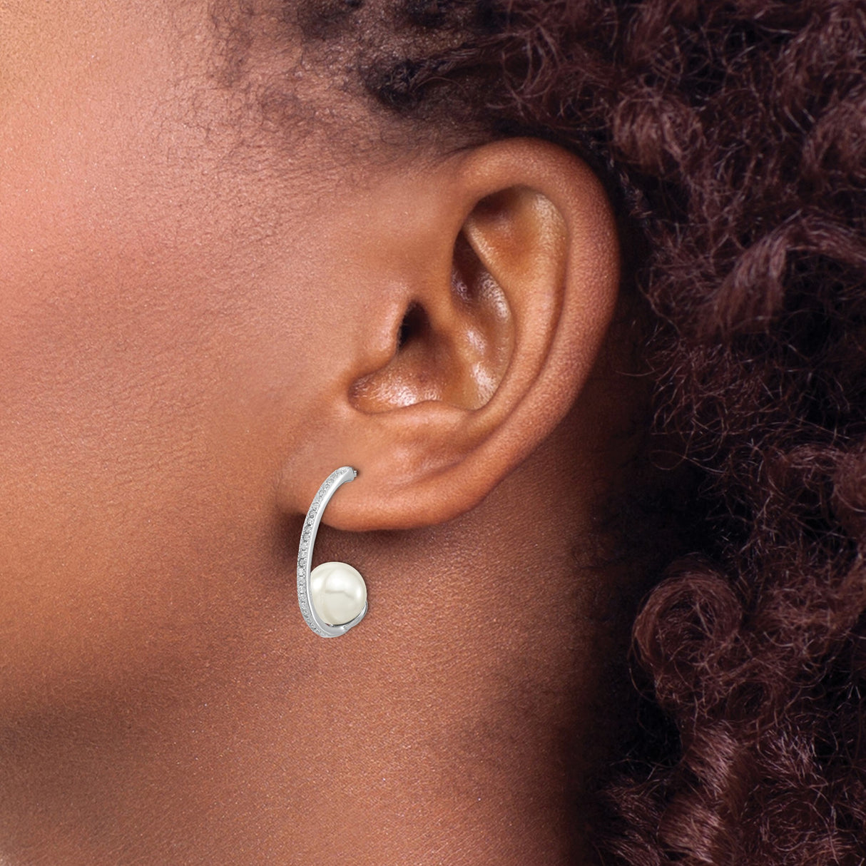 Sterling Silver Drop Earrings with White Shell and Cubic Zirconia, Modern Curved Design