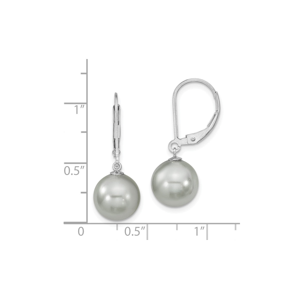 Sterling Silver Drop Earrings with 10mm Grey Shell Pearls, Leverback Hooks