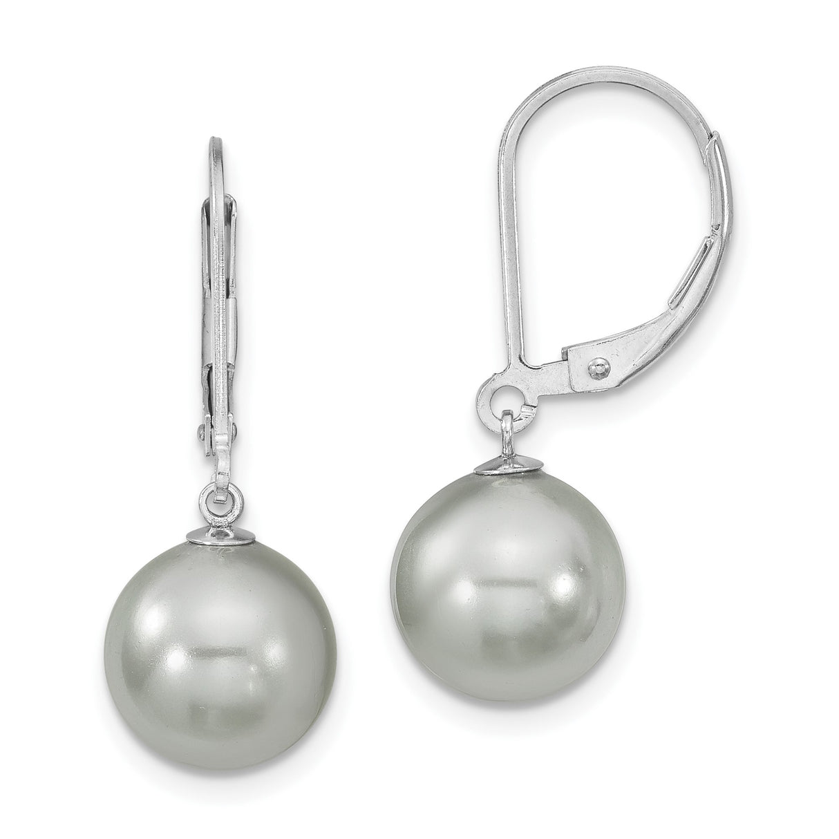 Sterling Silver Drop Earrings with 10mm Grey Shell Pearls, Leverback Hooks