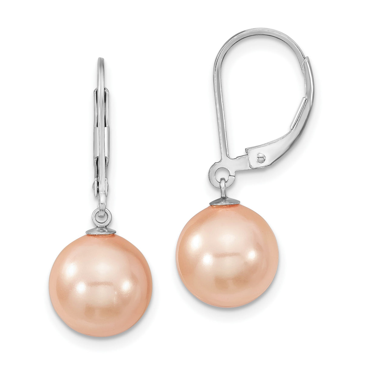 Sterling Silver Dangle Earrings with Peach Shell Pearls, Leverback Drop Design