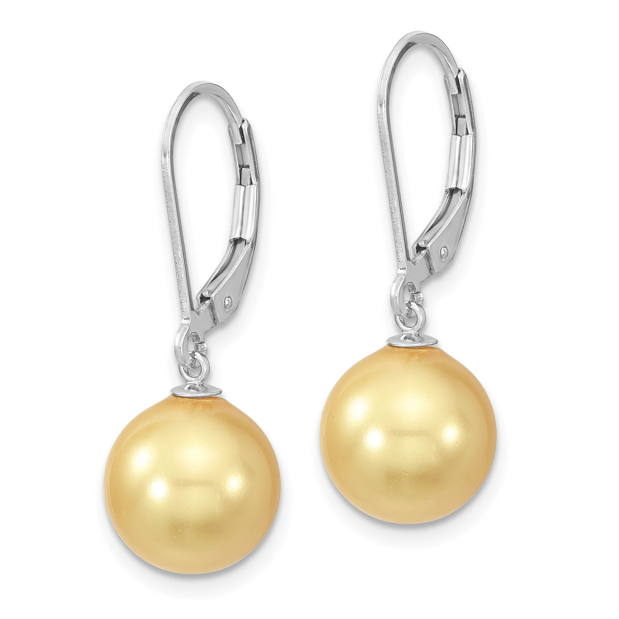 Sterling Silver Dangle Earrings with Round Golden Shell Pearls, Leverback Closure